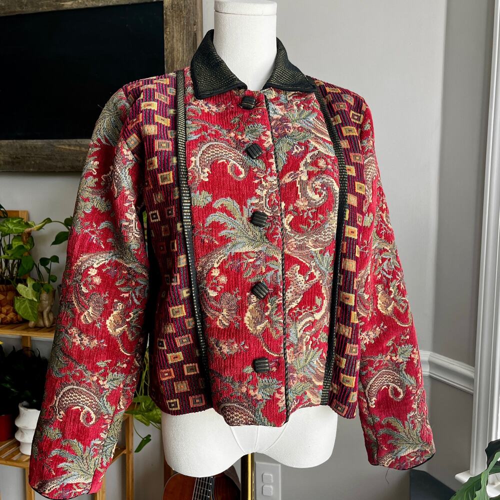 Vintage 90s Red Tapestry Jacket Monkey Jungle Mary Lynn O'Shea Size Small